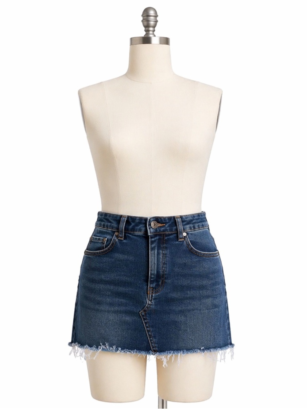 Vanilla Star Dark Blue Frayed Hem Denim Mini Skirt
